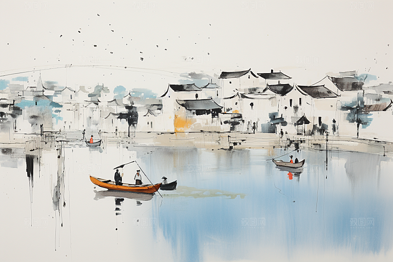 水墨江南手绘晕染插画