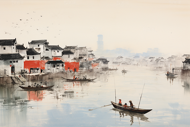 水墨江南晕染小桥流水插画