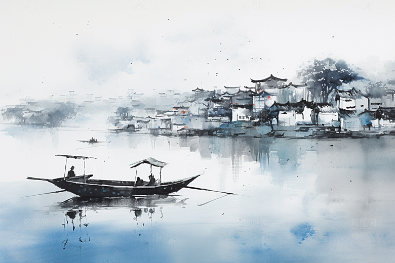 水墨江南手绘晕染插画