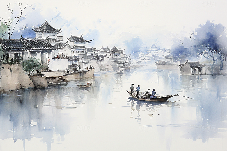 水墨江南小镇中式插画