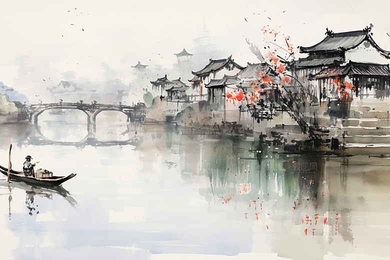 水墨江南晕染小桥流水插画
