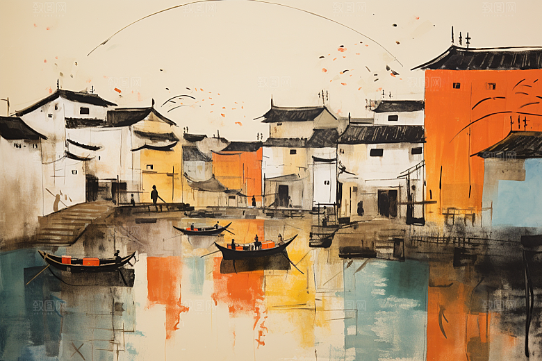 水墨江南手绘小桥流水插画