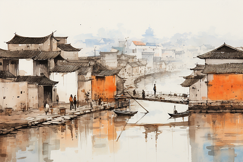 水墨江南小镇水彩插画
