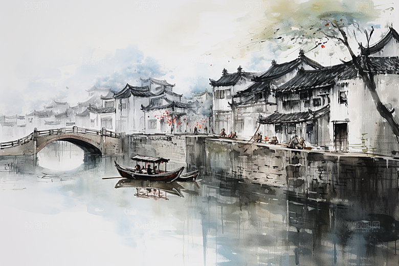 水墨江南水乡小镇插画