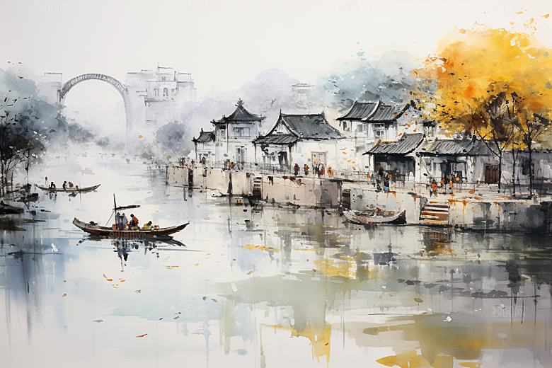 水墨江南水彩中国风插画