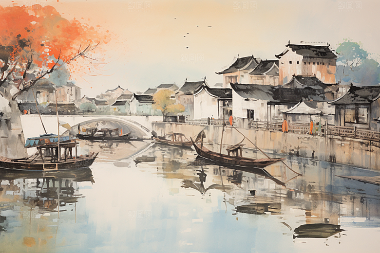 水墨江南中国风粉墙黛瓦插画