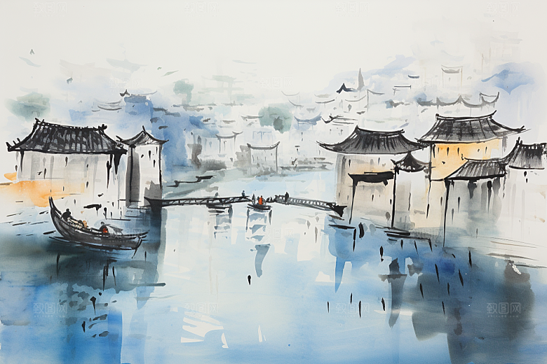 水墨江南中国风粉墙黛瓦插画
