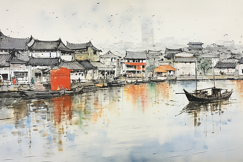 水墨江南中式水乡插画