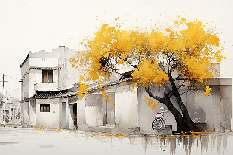 水墨江南水乡晕染插画