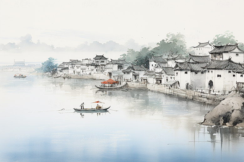 水墨江南粉墙黛瓦水乡插画
