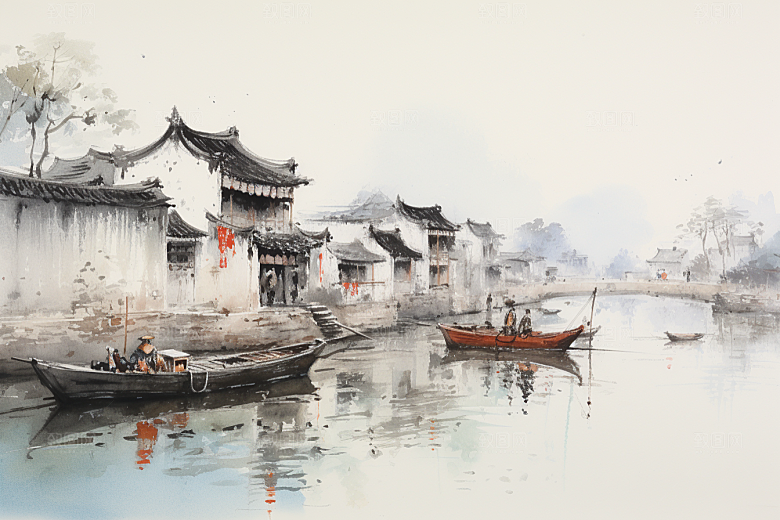 水墨江南小桥流水手绘插画