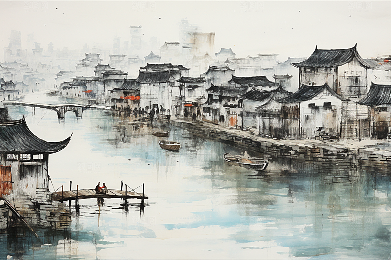 水墨江南中国风晕染插画