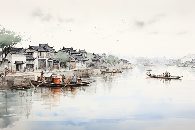 水墨江南小镇小桥流水插画