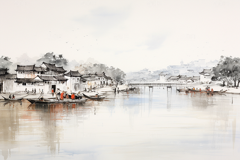 水墨江南晕染小桥流水插画