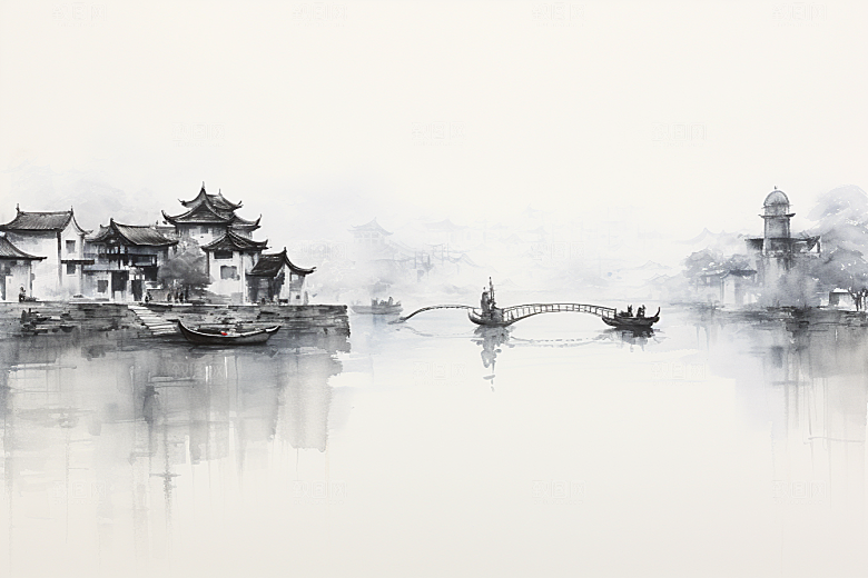 水墨江南中式水彩插画