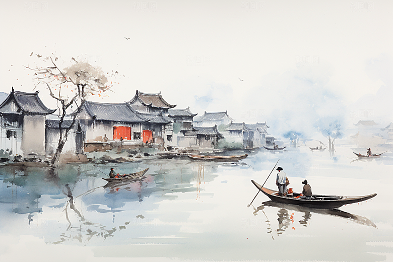 水墨江南手绘粉墙黛瓦插画