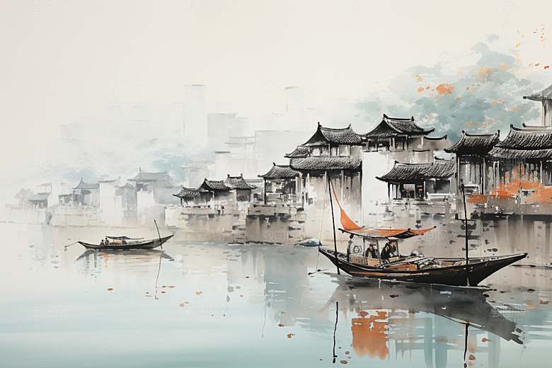 水墨江南中国风晕染插画