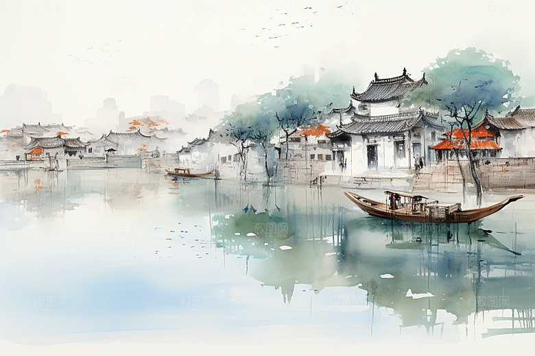水墨江南小镇手绘插画