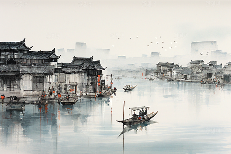 水墨江南中国风粉墙黛瓦插画