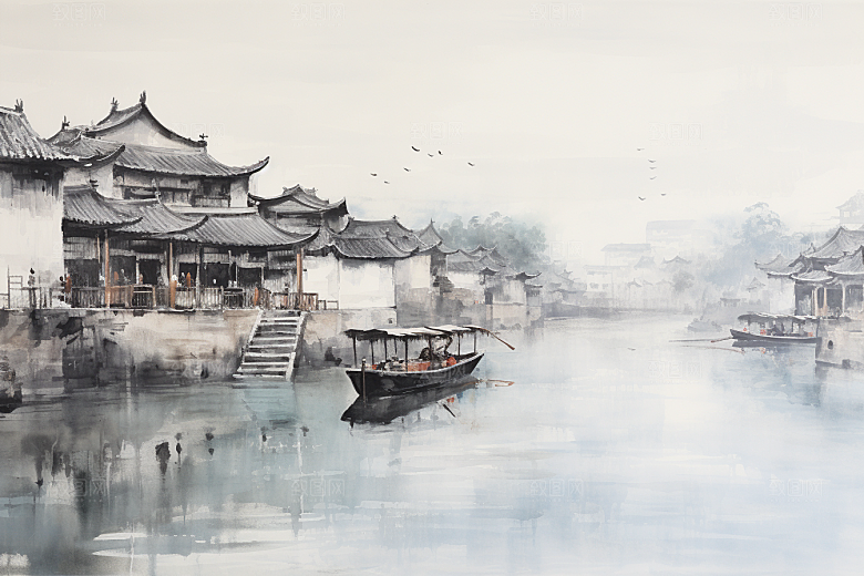 水墨江南粉墙黛瓦中式插画