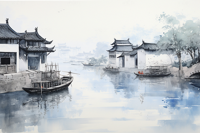 水墨江南小镇粉墙黛瓦插画