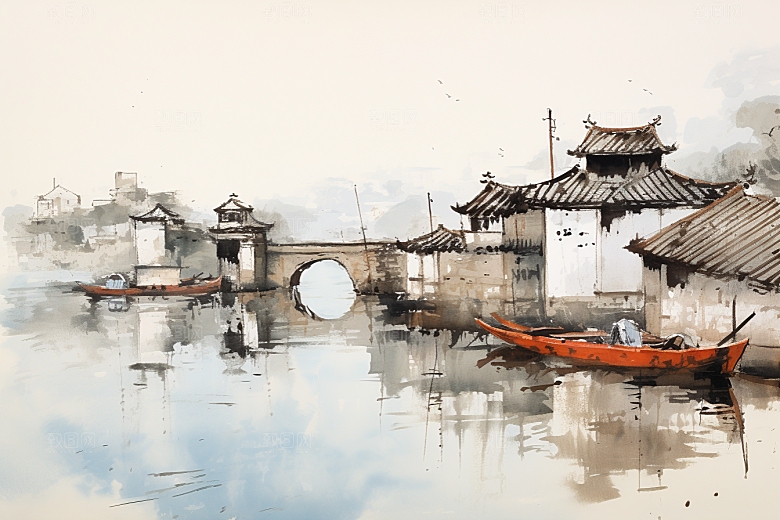 水墨江南中国风粉墙黛瓦插画
