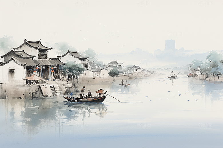 水墨江南小桥流水晕染插画