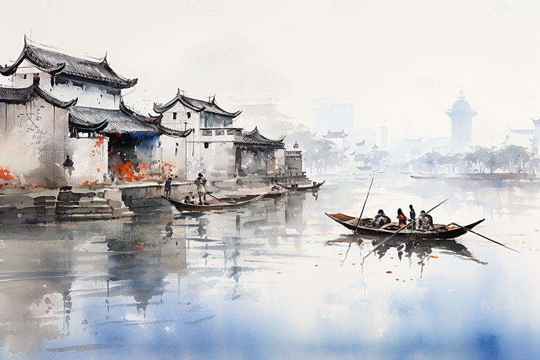 水墨江南小桥流水中国风插画