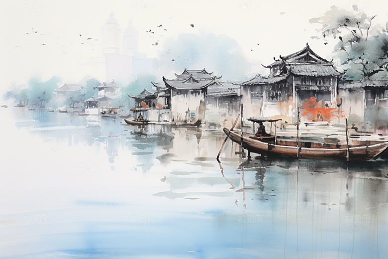 水墨江南小镇粉墙黛瓦插画
