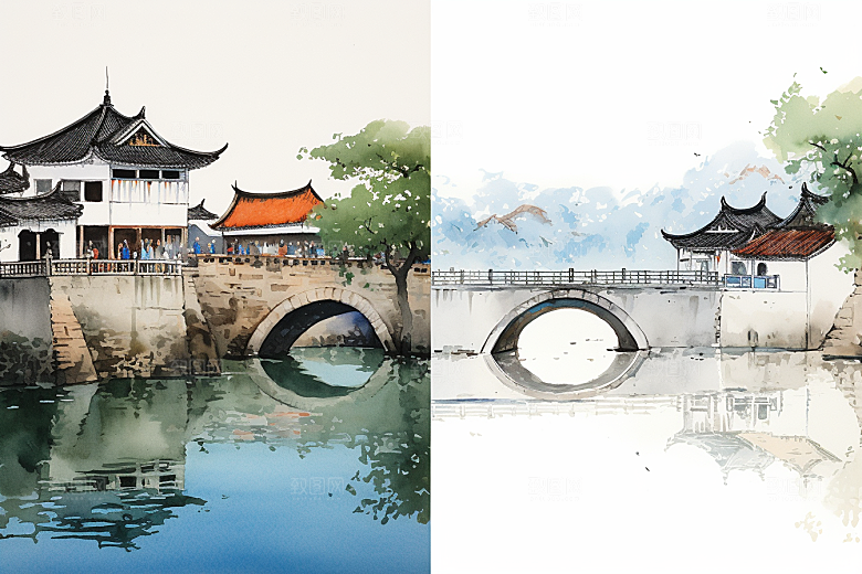 水墨江南中式水彩插画