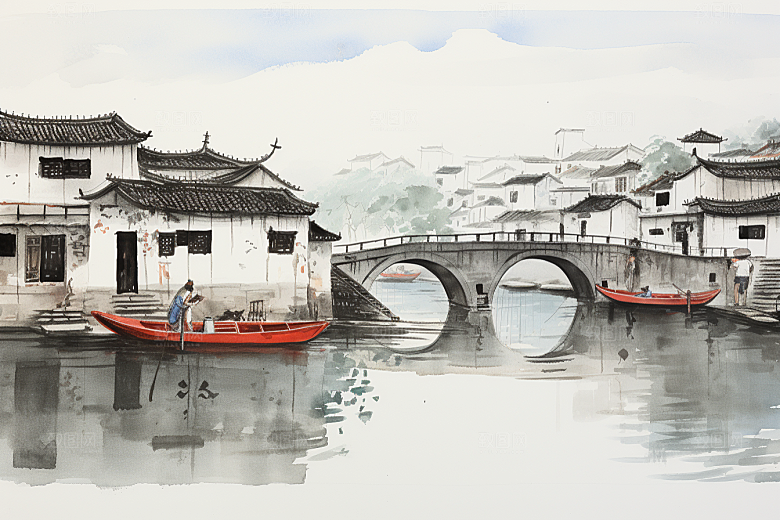 水墨江南小镇小桥流水插画