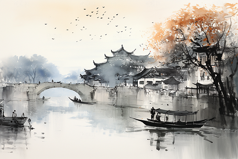 水墨江南水乡小桥流水插画