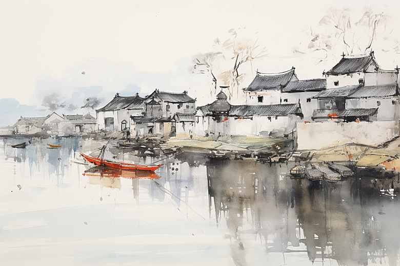 水墨江南粉墙黛瓦中国风插画