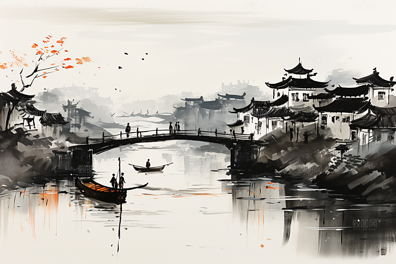 水墨江南粉墙黛瓦中式插画