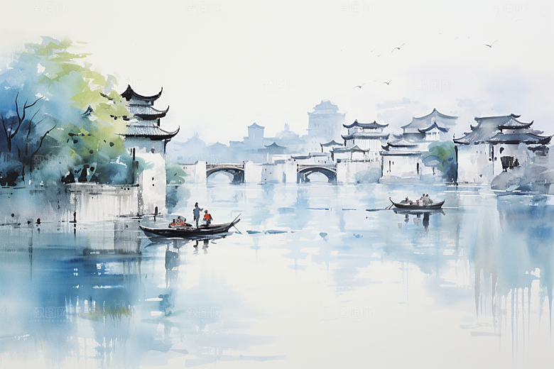 水墨江南粉墙黛瓦水彩插画