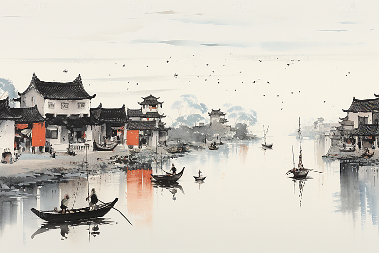 水墨江南中国风晕染插画