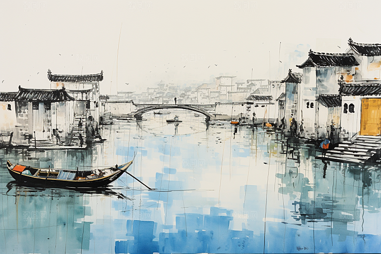水墨江南水彩小镇插画