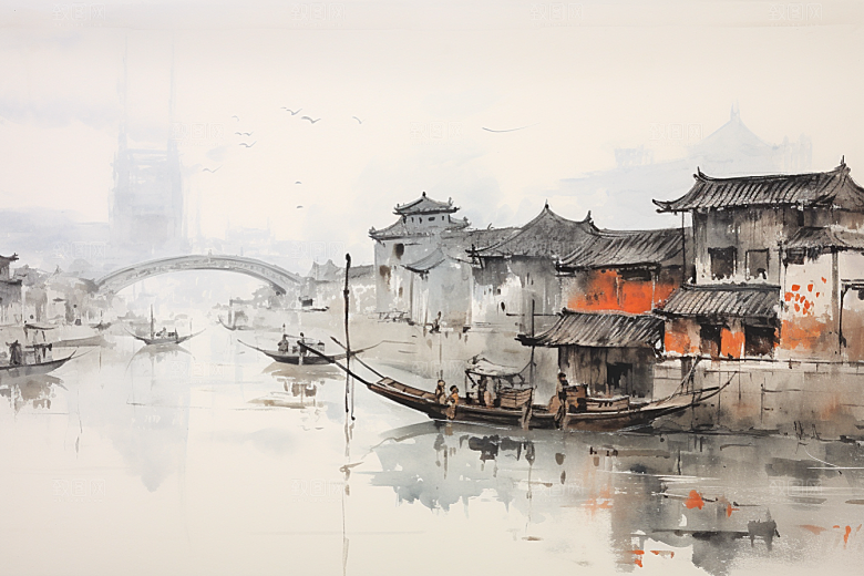 水墨江南中式小镇插画