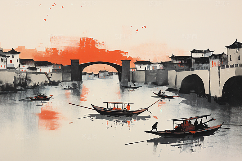 水墨江南小镇手绘插画