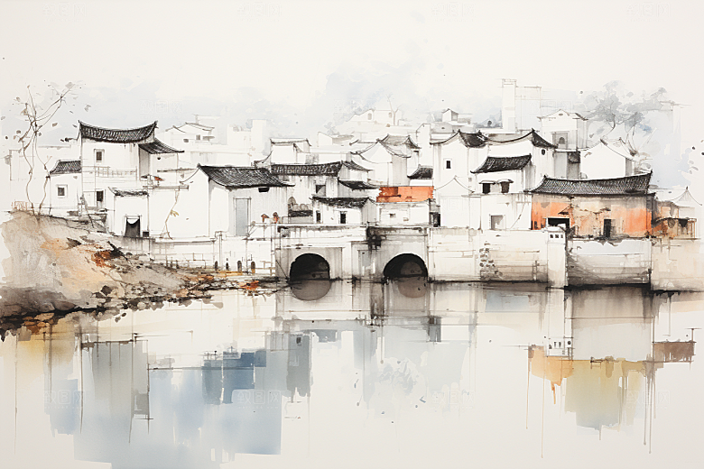 水墨江南晕染小镇插画