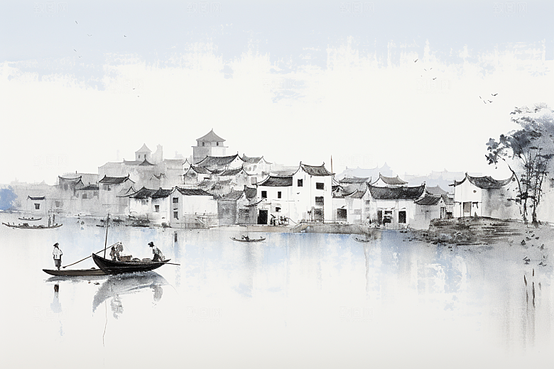 水墨江南晕染水乡插画