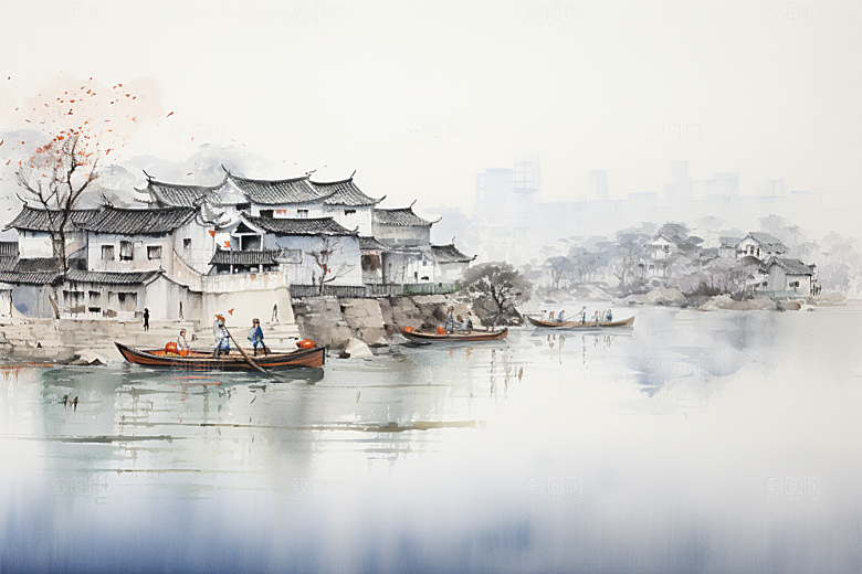 水墨江南粉墙黛瓦小桥流水插画