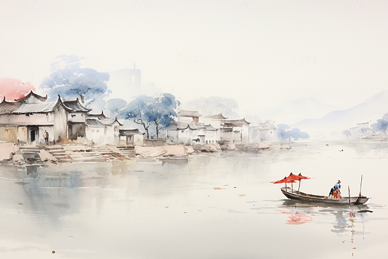 水墨江南粉墙黛瓦小镇插画