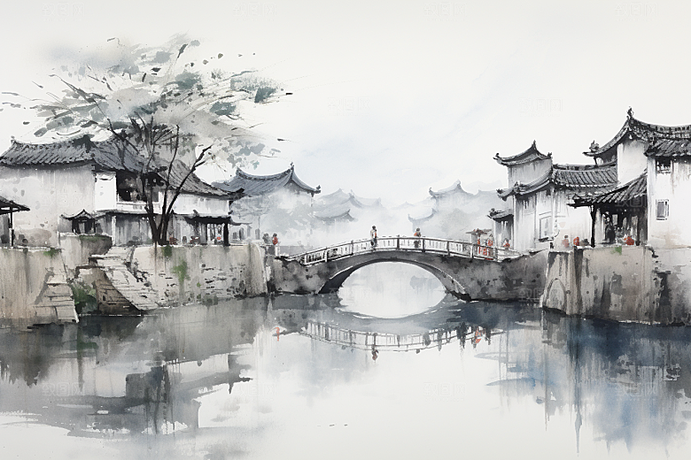 水墨江南手绘粉墙黛瓦插画