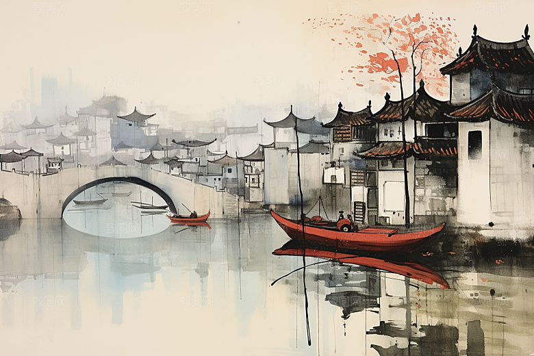 水墨江南小桥流水中式插画