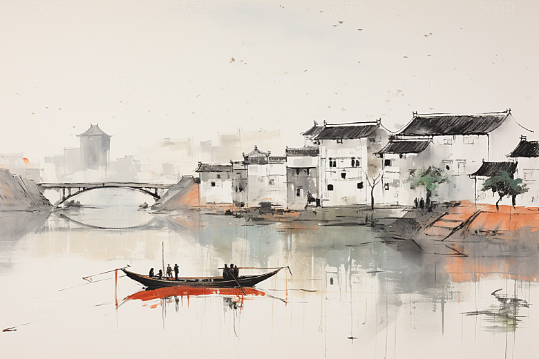 水墨江南中式小桥流水插画