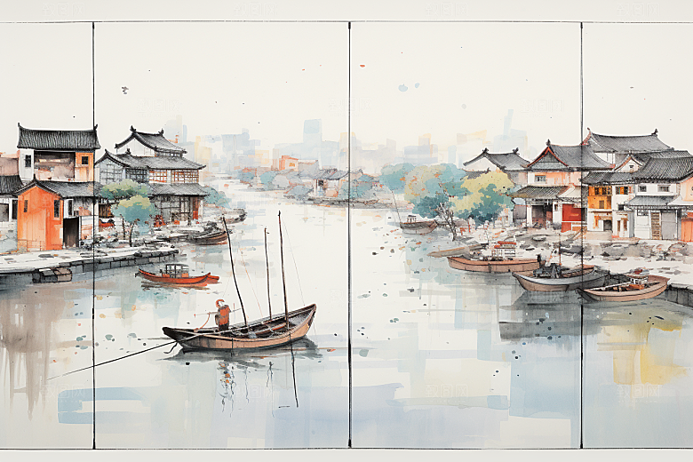 水墨江南晕染中式插画
