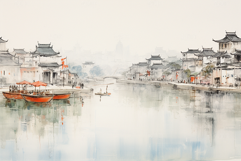 水墨江南中国风晕染插画