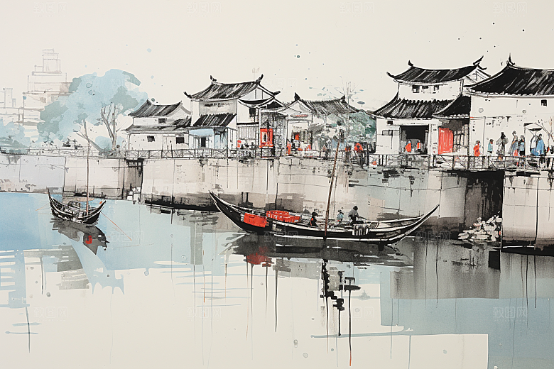 水墨江南水乡小镇插画
