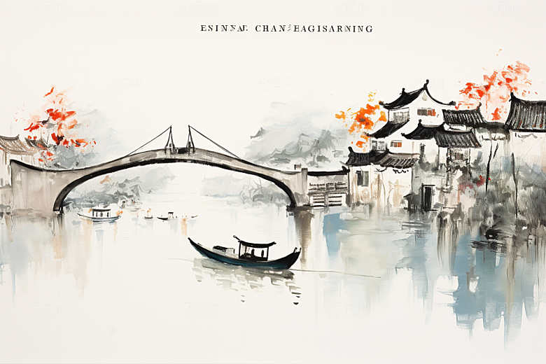 水墨江南中式小桥流水插画